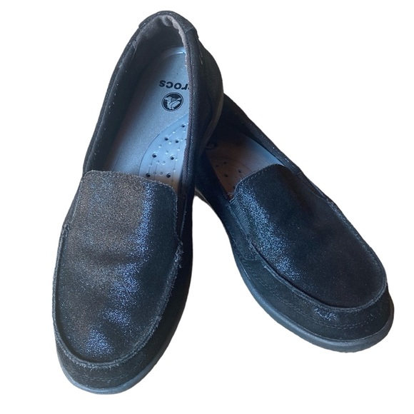 CROCS Walu Shimmer Black Leather Slip-on Loafers Flats Women’s Size 9 - Picture 1 of 10